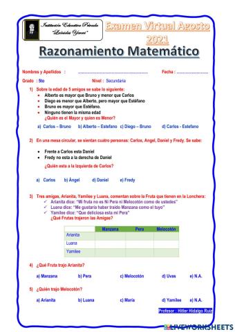 Examen de RM 5to Sec