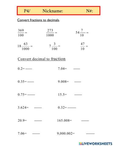Convert Decimals - Fractions 3