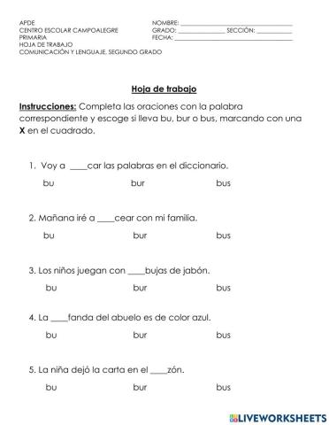 Palabras con bu, bur, bus