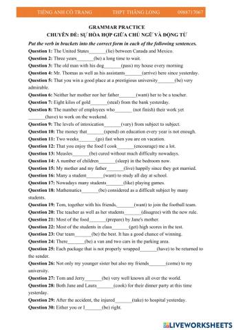 Grammar practice- The agreement between Subjects and verbs