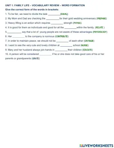 Unit 1: family life - Vocabulary review 2-WORD FORM