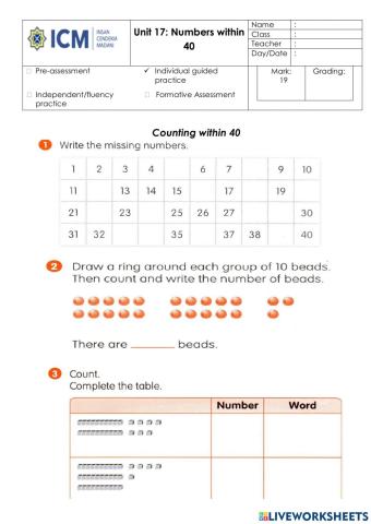 Practice numbers within 40