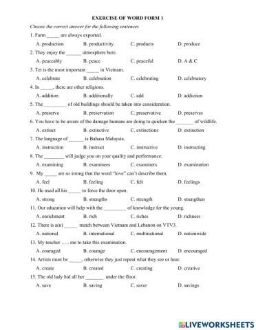 Word form- Multiple choce