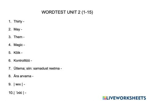 Wordtest Uni 2 (1-15) grade 4