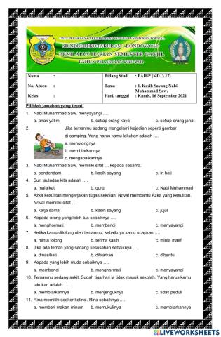 Ulangan Harian Agama Islam Pelajaran 1 KG. 3.17