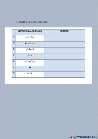 Monomios, binomios y Trinomios