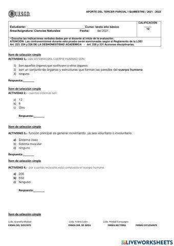 Evaluación tercer parcial ciencias naturales