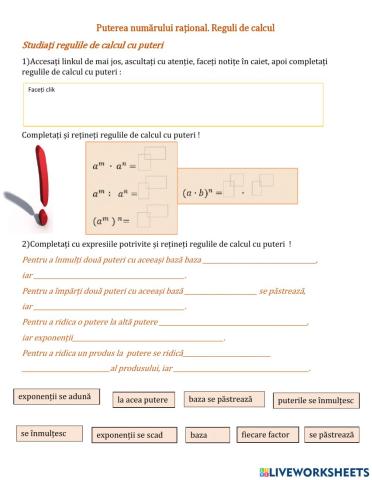 Reguli de calcul cu puteri-Clasa VI