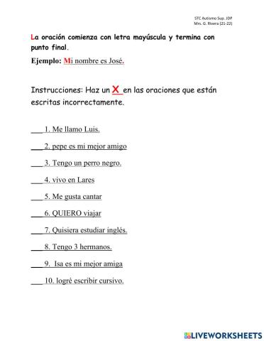 La oración (inicio mayúscula y punto final) 13-17 de septiembre.