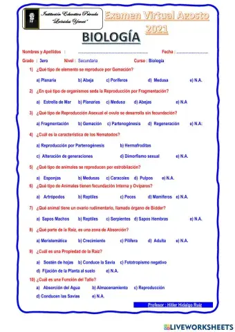 Examen Biología 3ero Sec
