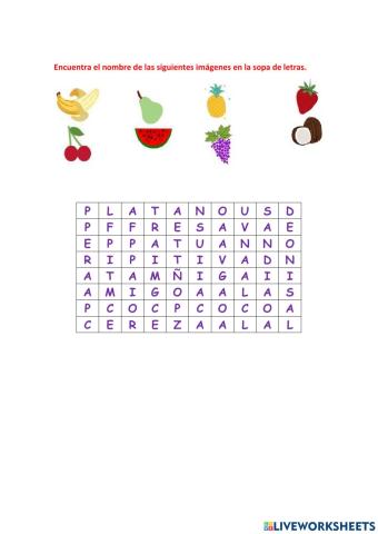Sopa de letras con nombres de frutas