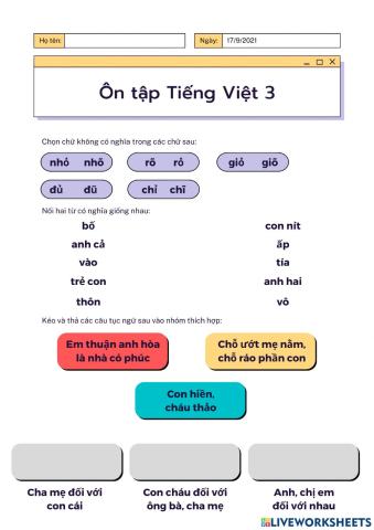Phiếu BT ôn Tiếng Việt 3 ngày 17-9