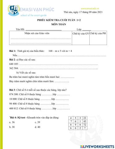 Đề kiểm tra tuần 1 + 2