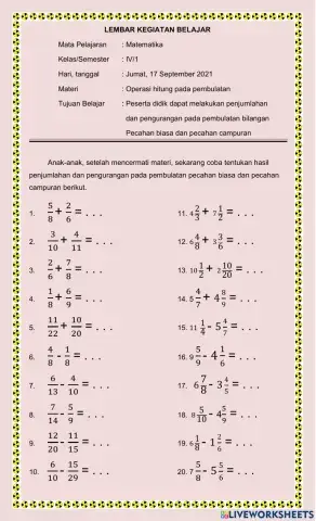 Lembar kegaiatan belajar penjumlahan dan pengurangan pembulatan