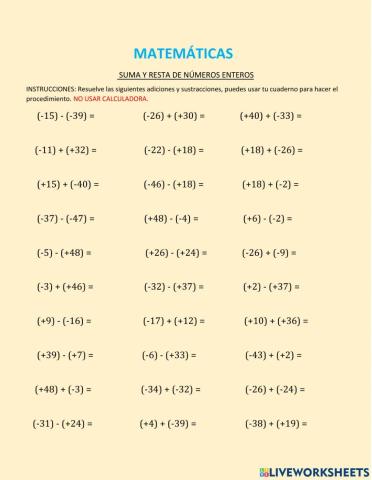 Adiciones y sustracciones de números enteros