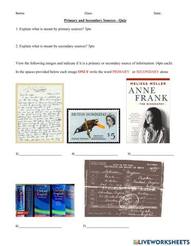 Quiz - Primary and Secondary Source of information - 1R
