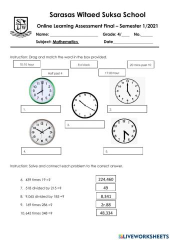 Grade 4 Online Learning Assessment Live Worksheet