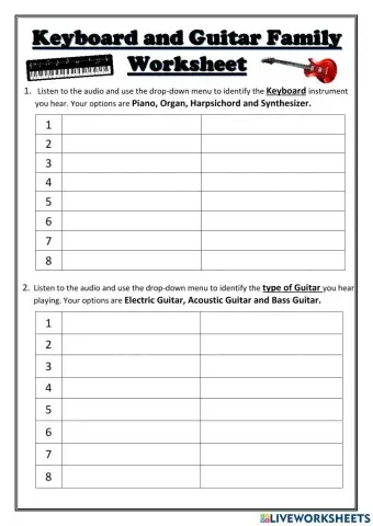 Keyboard and Guitar Family Worksheet
