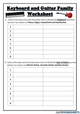 Keyboard and Guitar Family Worksheet