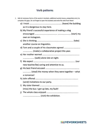 Verb patterns, Solutions Upper Unit 0