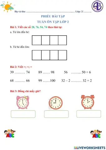 Ôn tập toán lớp 2 tuần 0