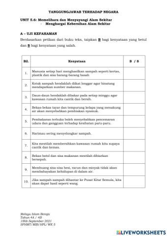 UNIT 5.6 Memelihara dan Menyayangi Alam Sekitar