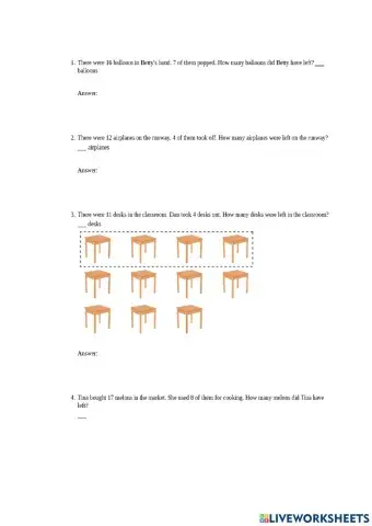 Subtract to 20 with Images Word Problems