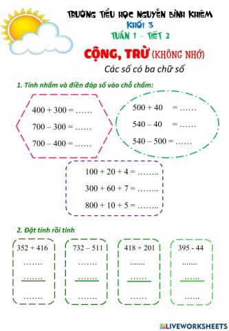 Cộng trừ các số cố ba chữ số không nhớ
