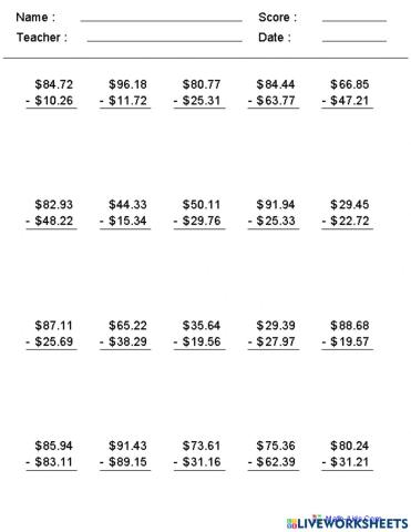 Adding Money grade 4 worksheet