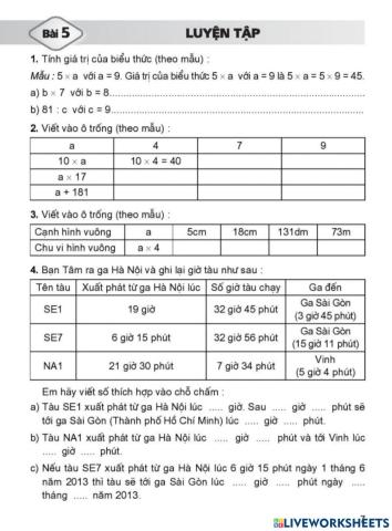 Bài 5- luyện tập biểu thức có chứa một chữ số