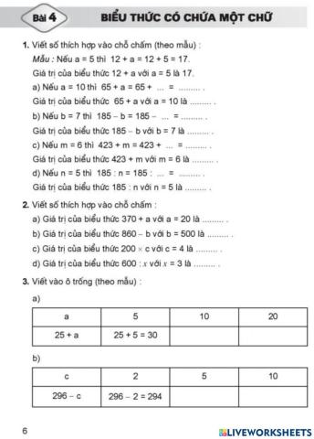 Bài 4: biểu thức có chứa một chữ