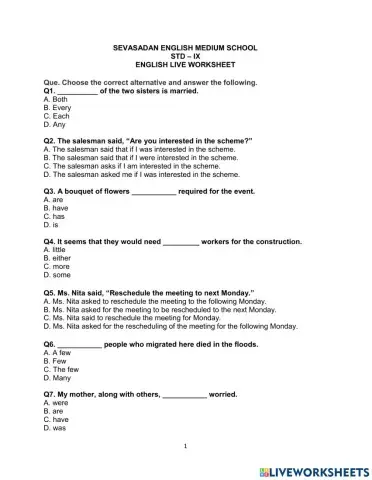 Std 9 Grammar live worksheet