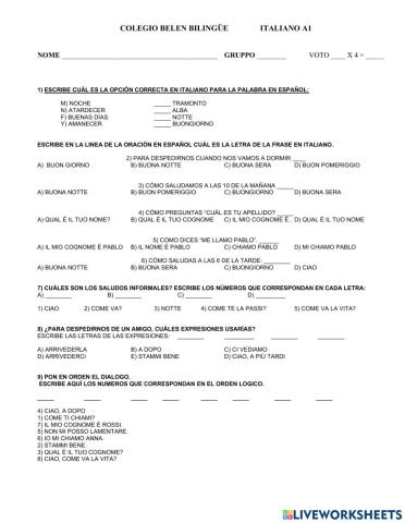 Secundaria Italiano Examen A1