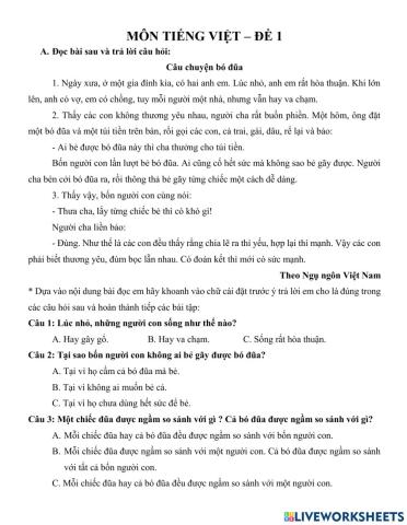 Tiếng VIệt - Đề 1