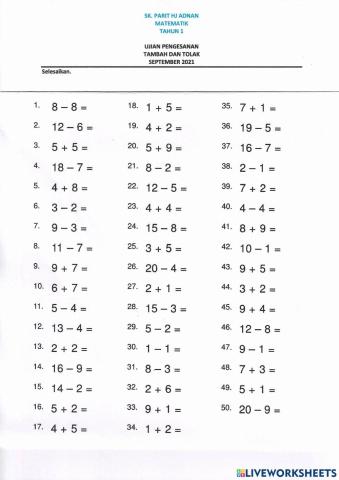 Fakta Asas Tambah Dan Tolak
