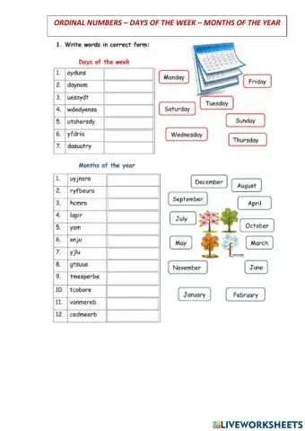 Ordinal numbers, days of the week, months of the year