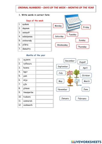 Ordinal numbers, days of the week, months of the year