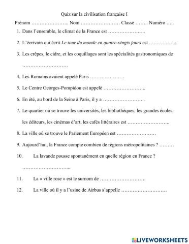 Quiz sur la civilisation française 1