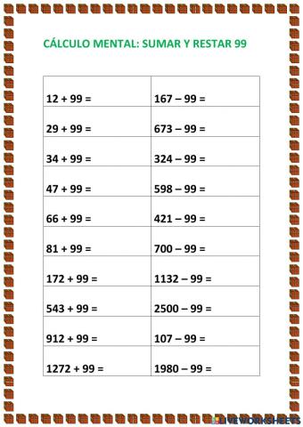 Cálculo mental: sumar y restar 99