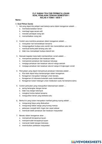 PTS Kelas 4 Tema 1 Sesi 1