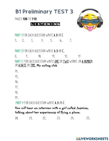 B1 for schools trainer Listening TEST 3 - Answer sheet