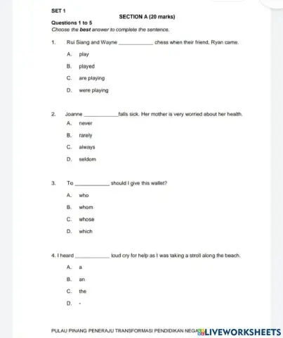 Set 1 UPSR BI PEMAHAMAN SECTION A