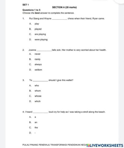Set 1 UPSR BI PEMAHAMAN SECTION A