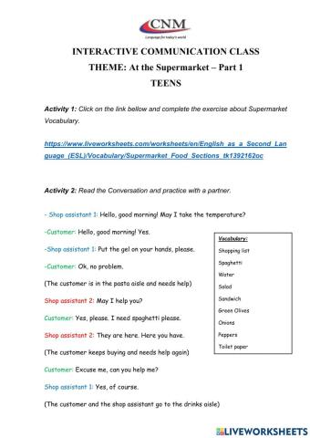 Communicative Activity - At the Supermarket Part 1 - Teens