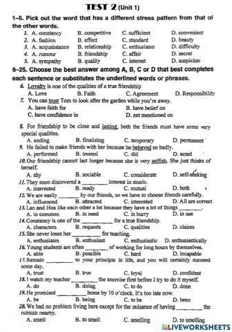 Unit 1 test 2 grade 11