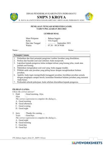 PTS Ganjil kelas VII 2021 - 2022