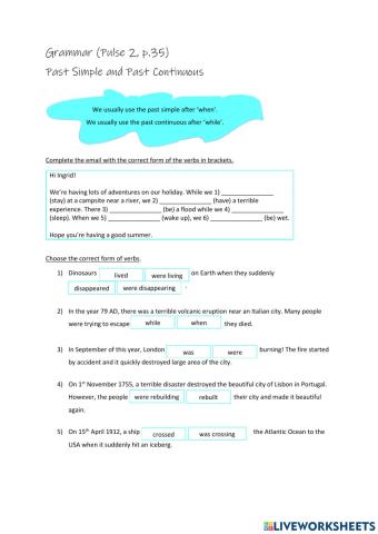 Past Simple and Past Continuous Pulse 2 page 35