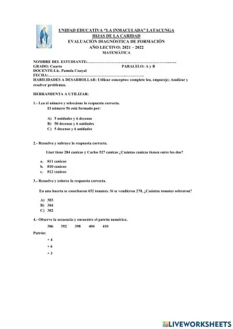 Diagnostico Matemática Cuarto A y B