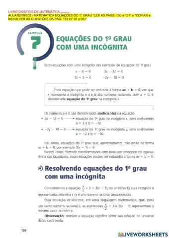 LIVRO AULA 02-09-2021 Matemática Equação do 1° Grau Ler as págs 150 a 152 Fazer a pág 153 (n°01 a 03
