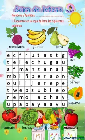 Sopa de letra frutas y verduras